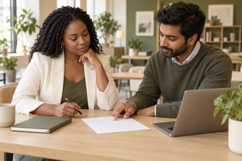 Illustrative business owner preparing banking documents